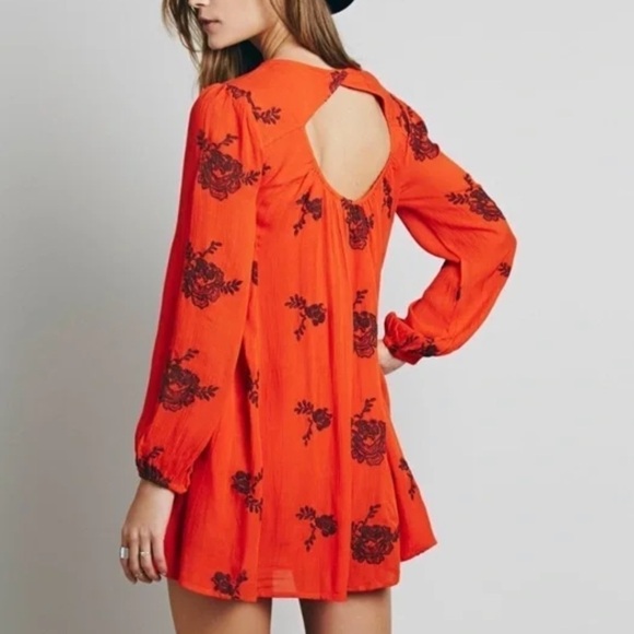 Free People Austin Embroidered Bohemian Mini Dress Red Orange - Picture 2 of 12